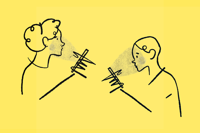 Sketches of two people looking at their phones on a yellow background