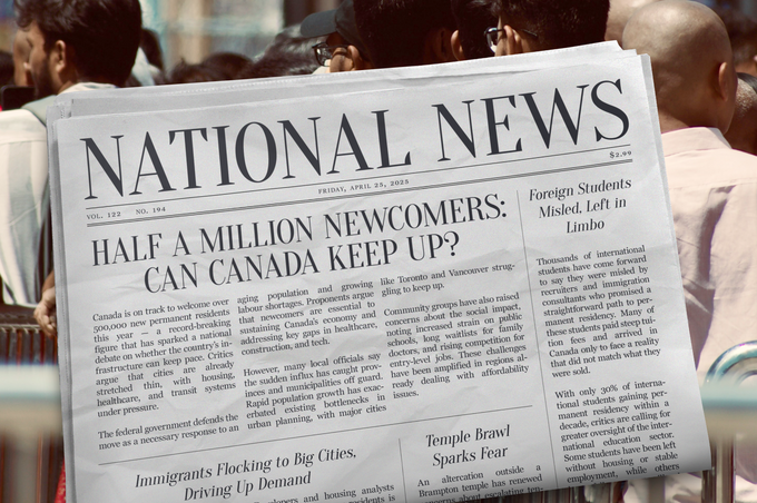 A mock newspaper reads National News Half a million newcomers: can Canada keep up?