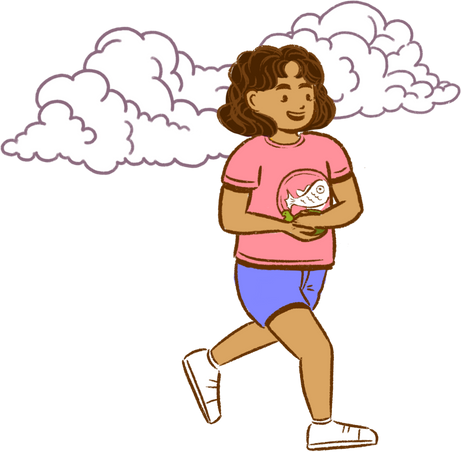 Illustration of a young girl excitedly running with clouds behind her.